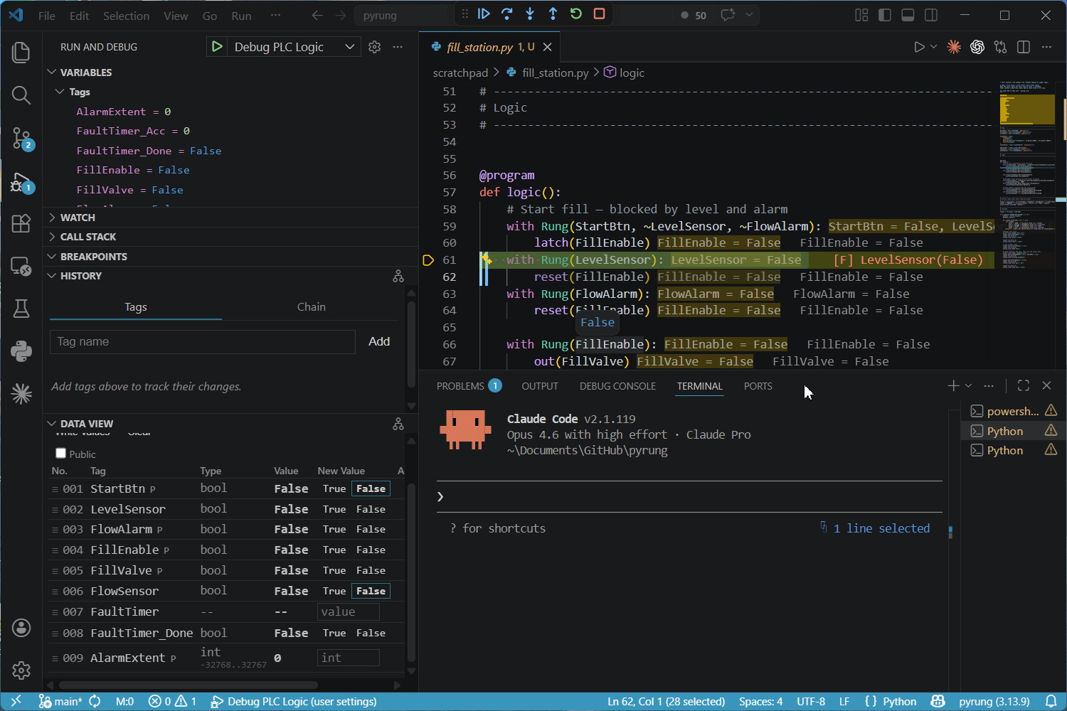 VS Code with the fill station running under the pyrung DAP debugger, Claude Code attached via pyrung live in the terminal